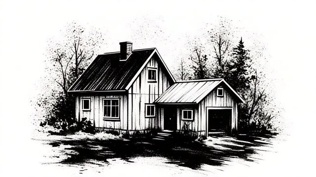 Black and white illustration of a cozy countryside house.