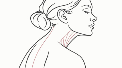 Illustration of a woman with a bun hairstyle and neck lines in profile view on a white background