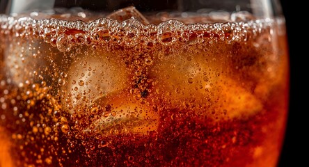 Close up of a glass filled with a fizzy orange liquid and ice cubes against a black background