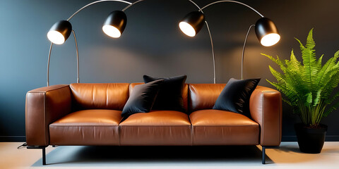 Stylish Sofa and Green Plant in Dark Room

