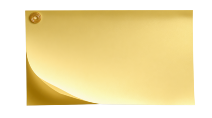 Golden Note with a Twist: A close-up captures a sleek, golden-yellow sticky note, its corner artfully curled, secured by a single pin. a minimalist design evokes clarity and organization.