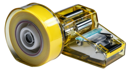 Tape Dispenser: Close-up shot of a transparent tape dispenser with yellow tape, showcasing its design and utility.