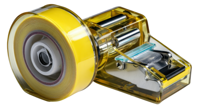 Tape Dispenser: Close-up shot of a transparent tape dispenser with yellow tape, showcasing its design and utility. - Powered by Adobe