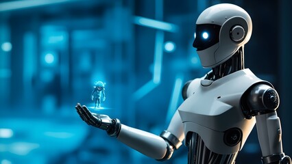 Ai robot holding holographic representation of a small figure