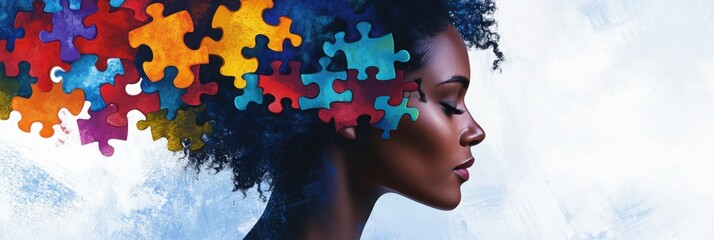 Illustration of a woman's profile with colorful puzzle pieces floating around her head, symbolizing emotional balance, anxiety, and mental wellness.
