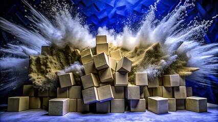 Obraz premium Beige cubes collapsing amidst a sand and powder explosion against a blue backdrop