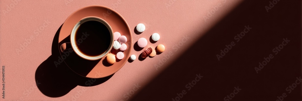 Poster coffee cup surrounded by spilled pills and an intriguing shadow on a warm colored surface in a cozy 