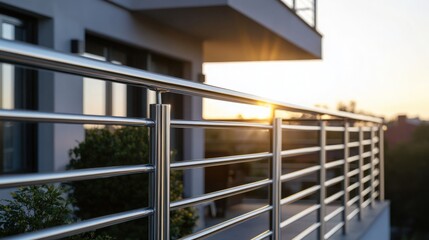 Obraz premium Polished chrome metal fence surrounding the edge of a residential balcony. 