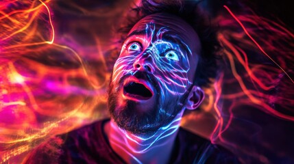Portrait of a man showing astonished emotions with bright glowing eyes, surrounded by vibrant digital streaks of light