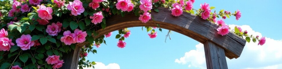 Rustic wooden arch, overflowing with pink & purple climbing flowers, clear blue sky , climbing plants, romantic, flowers