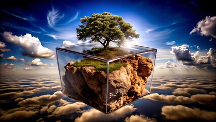 Enclosed tree on rocky island floating above cloudscape, surreal scene