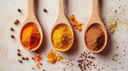 Colorful spices in wooden spoons showcasing vibrant flavors and textures for culinary inspiration