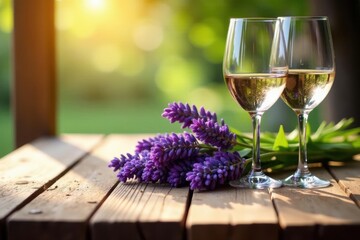 Rustic wooden table, lavender sprigs, wine glasses, sunlight , wine, glasses