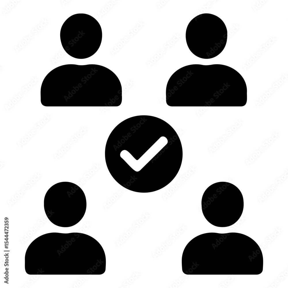 Poster four person icons arranged around a circle containing a check mark in a square formation shape on tr