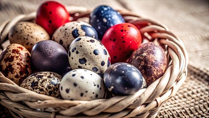 Obraz premium Close-up of colorful speckled quail eggs in a rustic wicker basket