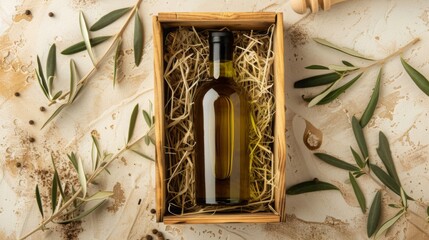 Elegant olive oil bottle presented in rustic wooden box with natural elements