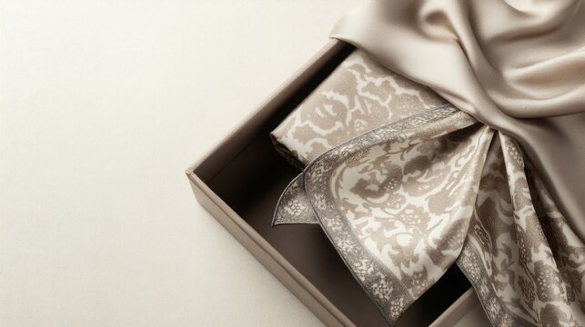 Elegant wrapping of a luxurious fabric in a delicate box at a stylish home setup in the afternoon light