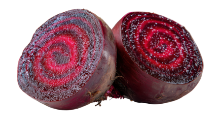 Fresh raw beetroot cut in half showing the inner rings, isolated on transparent background