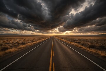 Fototapeta premium Empty Asphalt Road Stretching Toward the Horizon in Dramatic Scene