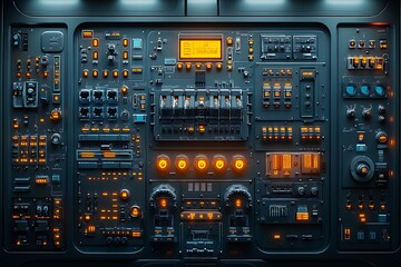 Naklejka premium Futuristic control panel displaying complex systems and illuminated orange indicators for technology