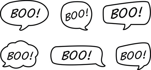 Halloween Boo Speech Bubble Sound Effect Outline Line Art Doodle Vector Illustration Set, 