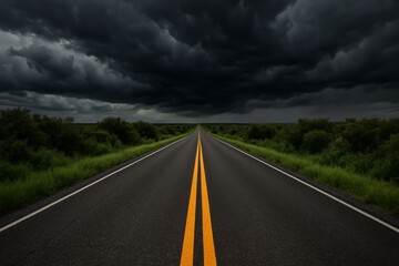 Fototapeta premium Dark Storm Clouds Loom Over the Empty Asphalt Road Ahead