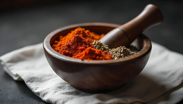 ceramic bowl, spices, paprika, black pepper, mortar and pestle, natural lighting, close-up, food photography, rustic style, 4K and HD image - Powered by Adobe