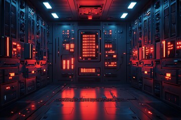 Futuristic server room interior rendered with neon red lighting and advanced technology display