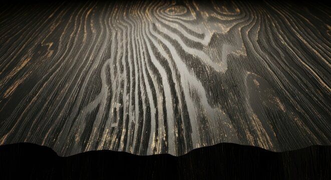 A close up shot of a dark wood surface with prominent grain patterns and textured appearance in dim lighting