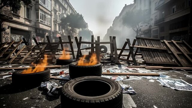 Protest scene in an urban street barricades burning tires and debris