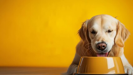 Golden retriever dog happily eating from a yellow bowl on wooden floor, with vibrant yellow background creating a cheerful atmosphere, showcasing the joy of pet ownership and companionship
