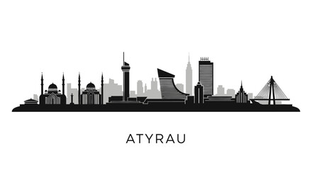 Naklejka premium Atyrau Skyline Silhouette with Kazakhstan.