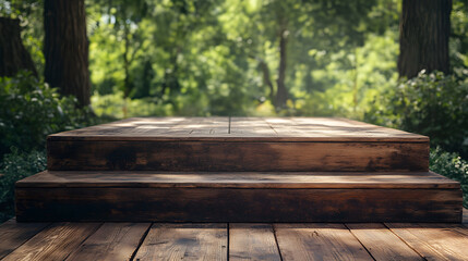 Wooden podium steps in a sunlit forest setting, with warm natural lighting, surrounded by lush green trees and foliage, ideal for outdoor presentations or rustic scenes.