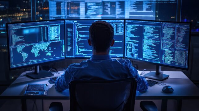 A man in a blue shirt is sitting at a desk with three large computer monitors displaying code and data in a dark, dimly lit office environment with a city skyline in the background. - Powered by Adobe