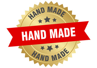hand made. hand made round red and gold label isolated on transparent background