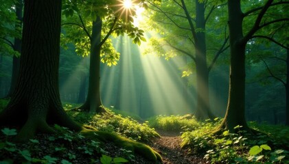 Obraz premium Sunbeams pierce dense forest canopy, dappled light on leaves, forest floor, golden hour