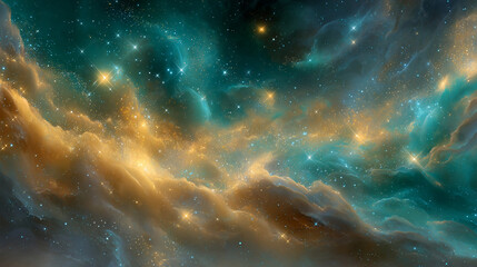 A digital painting of an interstellar horizon with vibrant amber star clusters