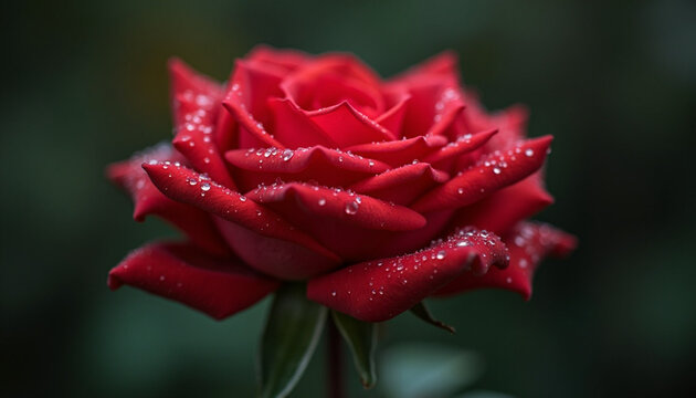 A captivating close-up of a single, deep red rose, adorned with glistening water droplets.