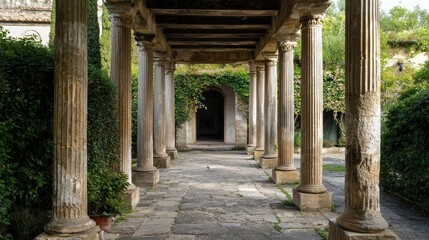 Naklejka premium Ancient Roman stone columns and archway in a garden setting.