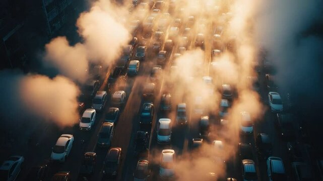 Smoggy Commute: A visual depiction of pollution's impact on urban traffic, cars navigate through a cloud of smog that obscures the cityscape, emphasizing environmental awareness.