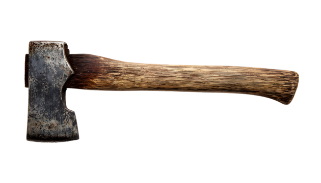 Old rust dirty dark gray axe with brown wooden handle isolated on white background with clipping path in png format