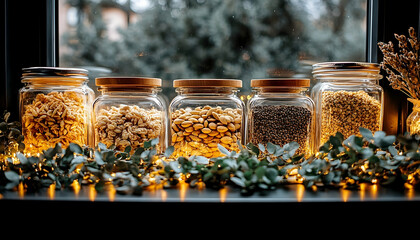 Four Glass Jars Filled with Nuts and Grains, Illuminated by Warm