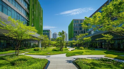 A modern office building with green and gray exterior walls, surrounded by lush green trees and a well-maintained garden, under a clear blue sky with a few scattered clouds.