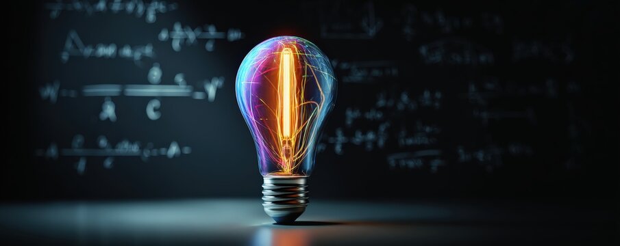 A glowing light bulb with visible filament and neon accents is set against a dark background filled with blurred mathematical equations.