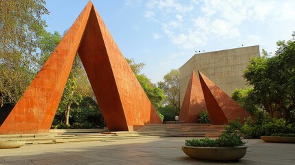 A large, modern sculpture made of red metal arches in a park setting with greenery and a clear blue sky.