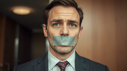 Muted Expression: Businessman Silenced with Adhesive Tape Across His Mouth