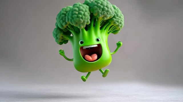 Cheerful cartoon broccoli character with a big smile and raised arms, jumping joyfully against a soft gray background, representing fun and healthy eating in a playful illustration style