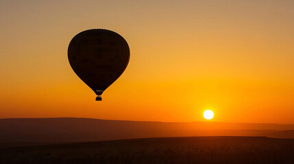 Hot air balloon floats against a fiery orange sunset.