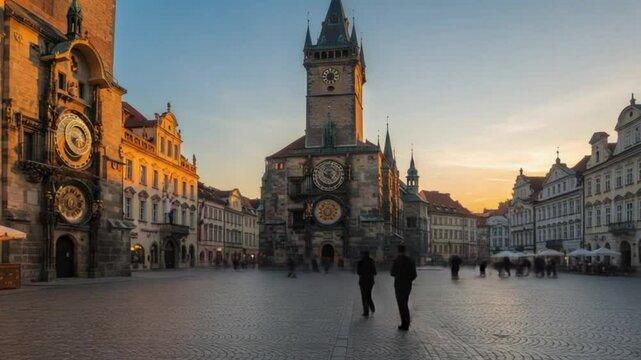 Prague Astronomical Clock: Capturing the majesty of the Old Town Square and the astronomical clock in the soft light of dawn, showcasing the rich historical and architectural elegance.