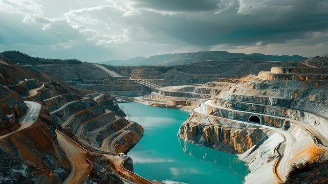 Aerial view of Bingham Canyon Mine with turquoise lake and terraced landscape under dramatic sky